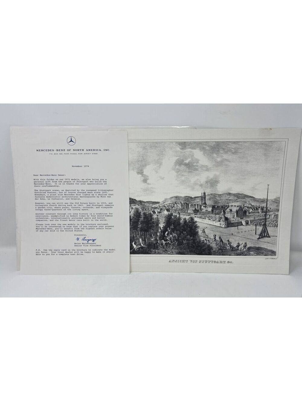 Vintage 1974 Mercedes-Benz Stuttgart Lithograph with Letter